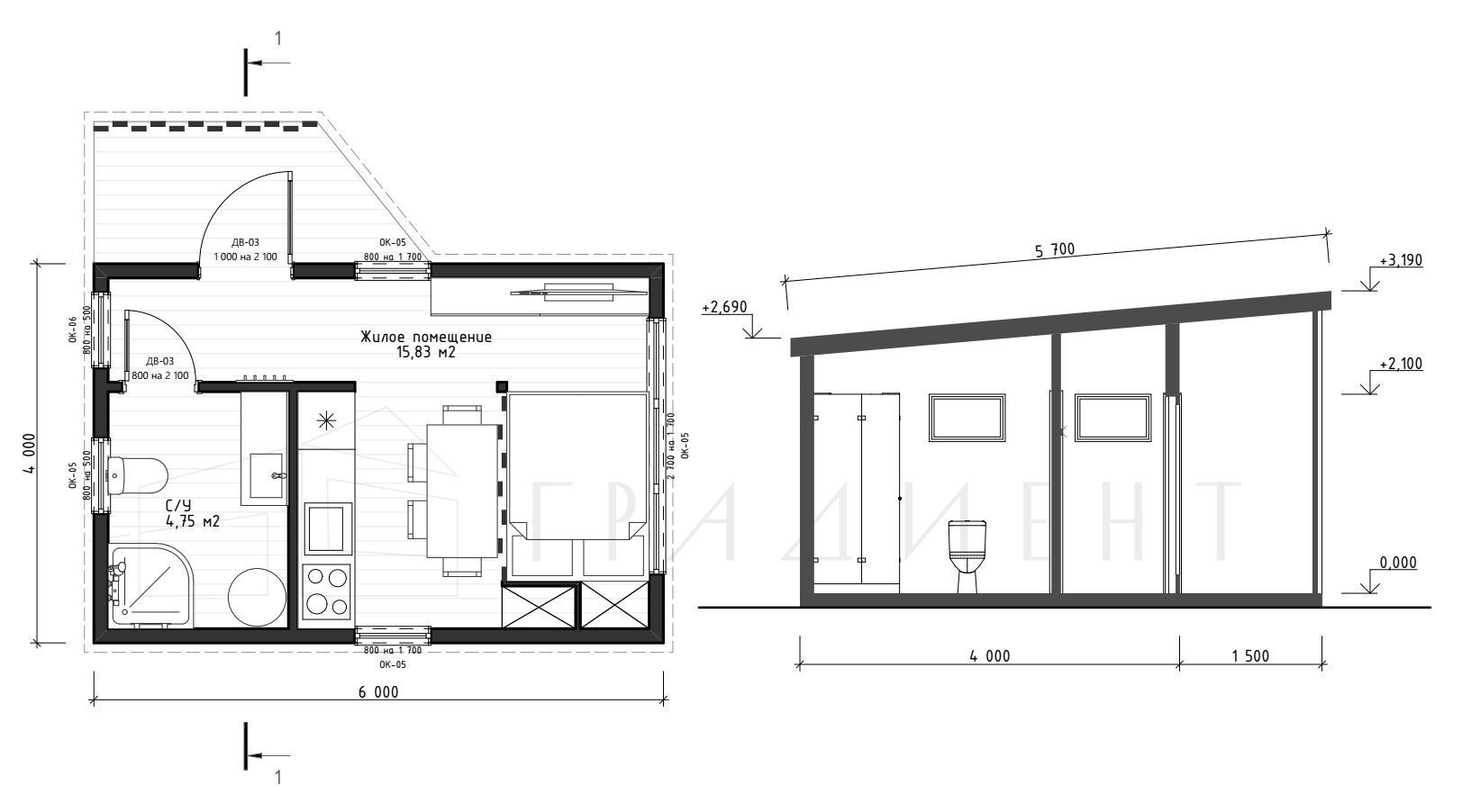 Проект ПСК Градиент – планировка домика для глэмпинга в стиле Cabin house