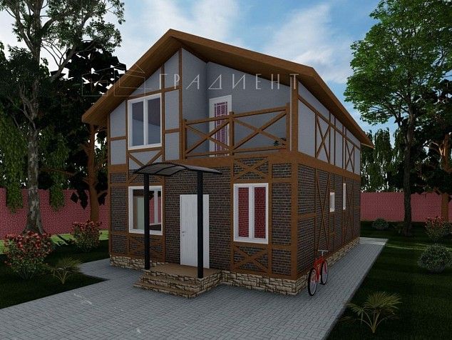Проект двухэтажного каркасного дома в стиле фахверк общей площадью 132,6 м²